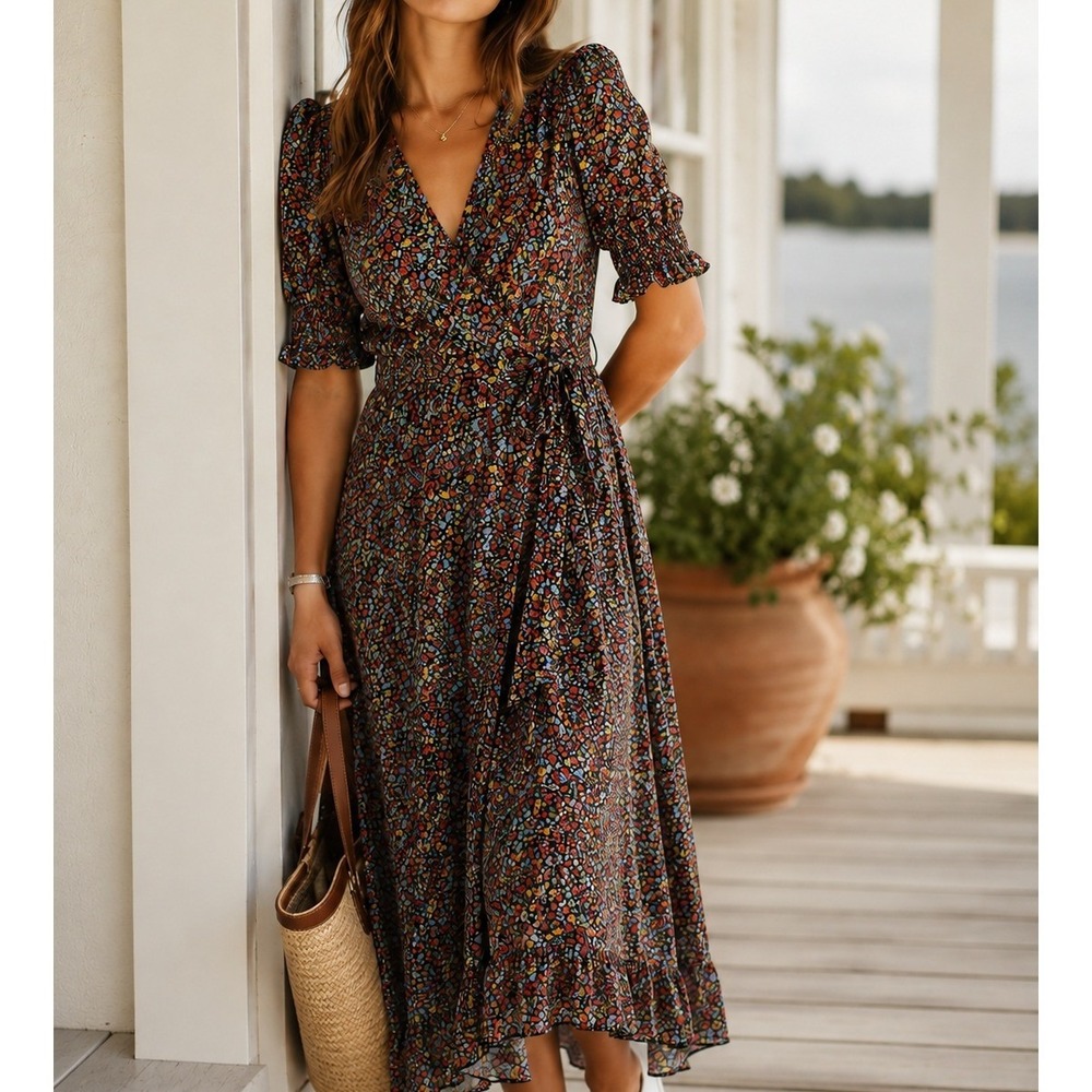 Tommy Hilfiger Floral Wrap Midi Dress Multi Color Surplice V-Neck NWT $129